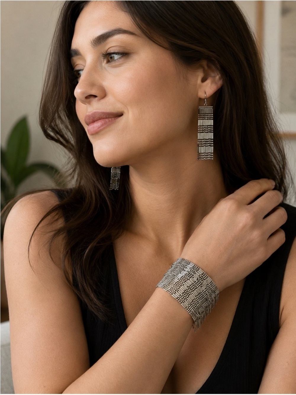 Plunder Silver Beaded Fringe Earrings & Matching Cuff Bracelet 2 Piece Set